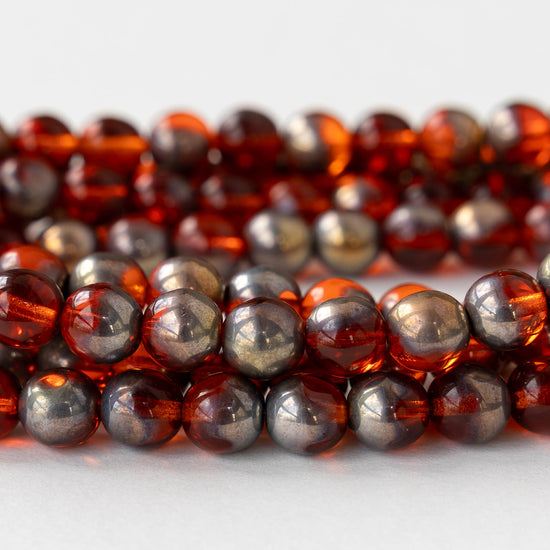 8mm Round Glass Beads - Transparent Orange with Metallic Finish - 20 beads