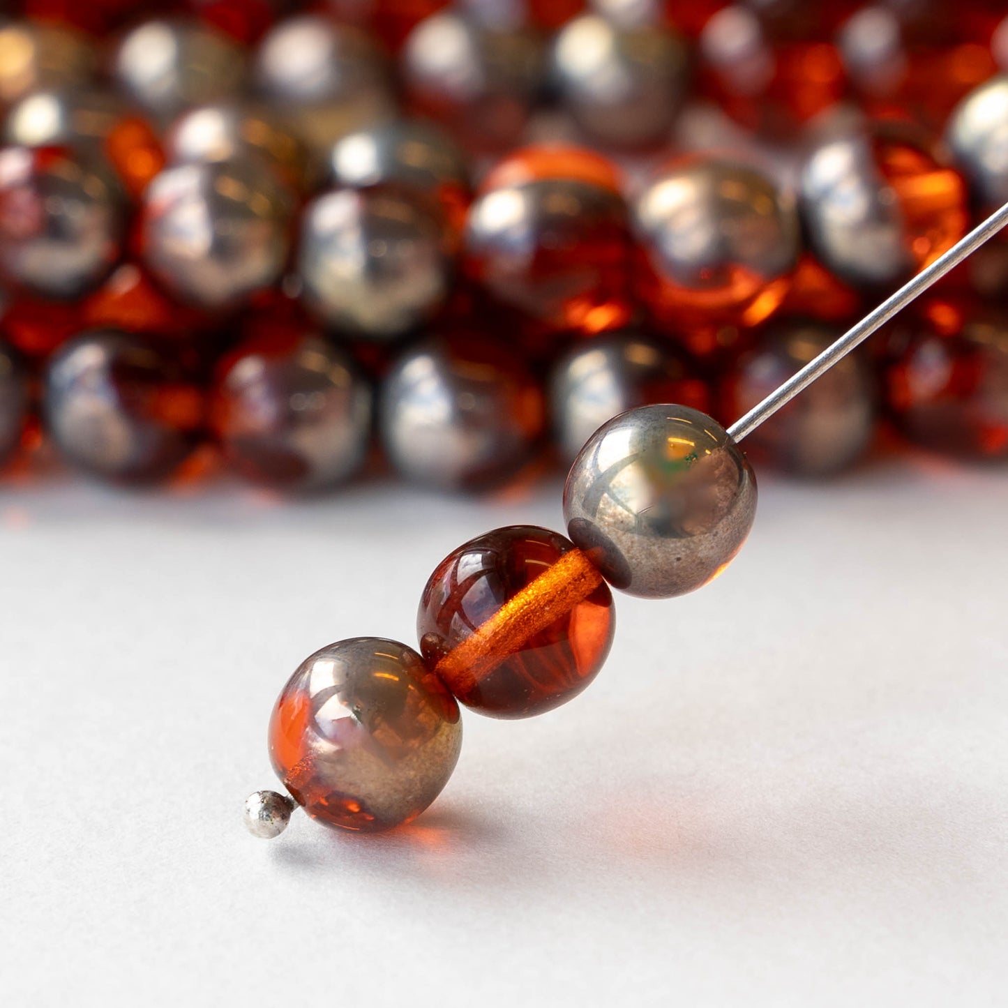 8mm Round Glass Beads - Transparent Orange with Metallic Finish - 20 beads