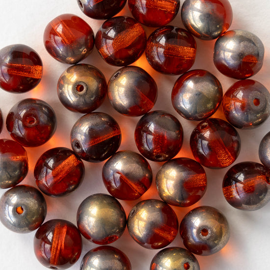 8mm Round Glass Beads - Transparent Orange with Metallic Finish - 20 beads