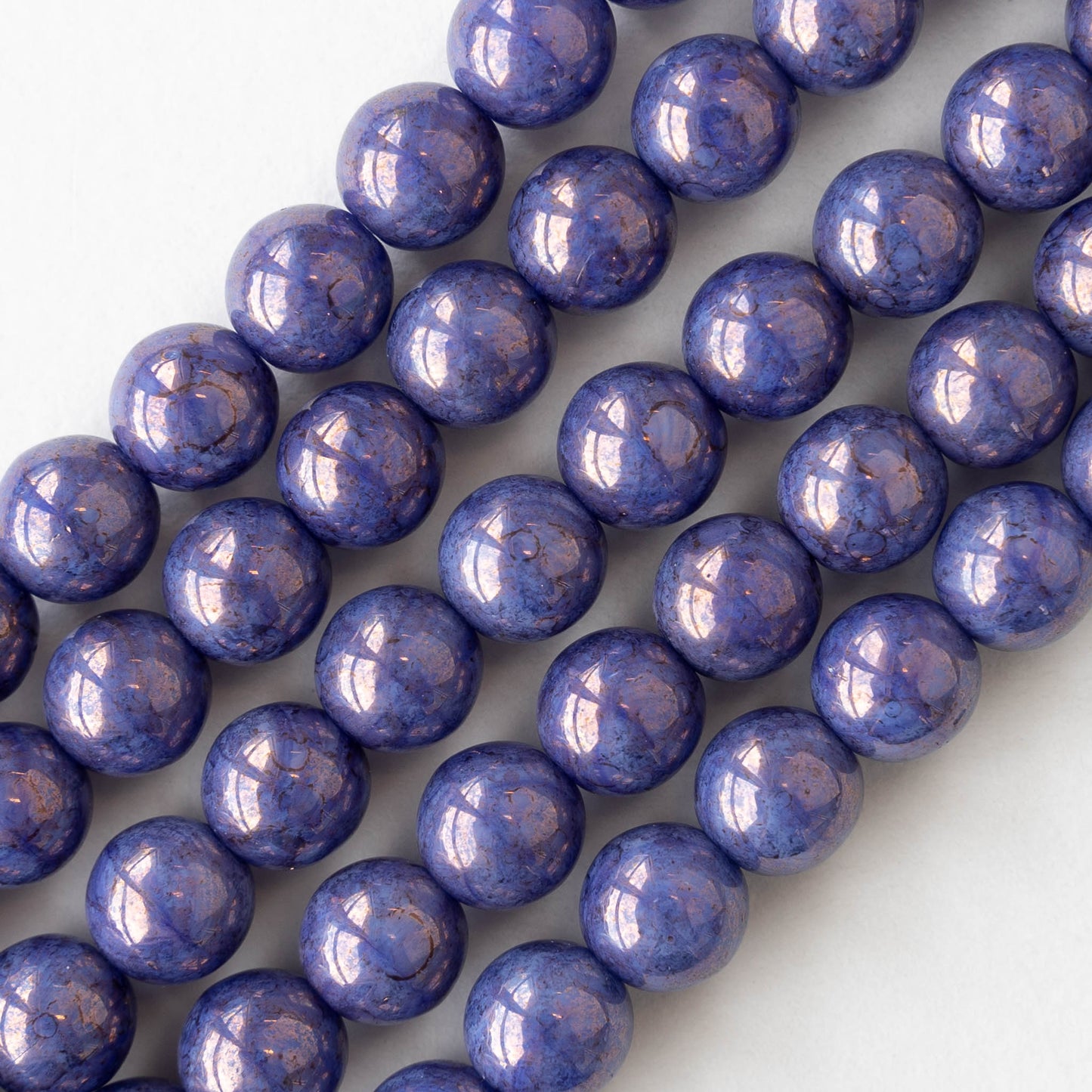 8mm Round Glass Beads - Opaque Periwinkle Blue with Bronze Luster - 25 beads