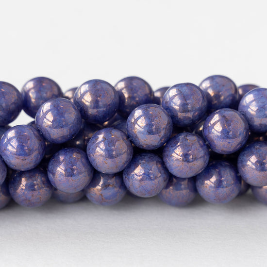 8mm Round Glass Beads - Opaque Periwinkle Blue with Bronze Luster - 25 beads