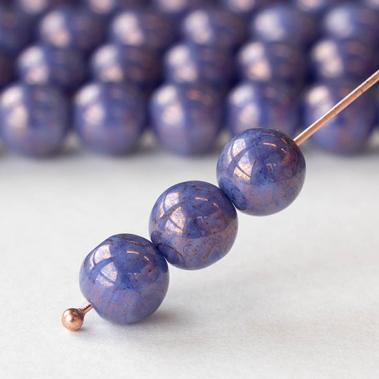 8mm Round Glass Beads - Opaque Periwinkle Blue with Bronze Luster - 25 beads