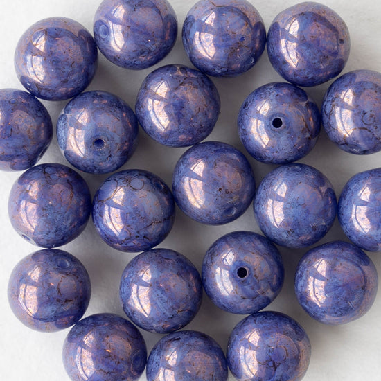 8mm Round Glass Beads - Opaque Periwinkle Blue with Bronze Luster - 25 beads