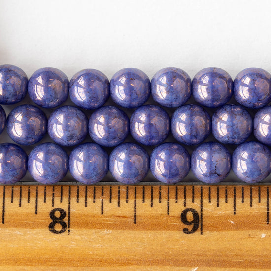 8mm Round Glass Beads - Opaque Periwinkle Blue with Bronze Luster - 25 beads