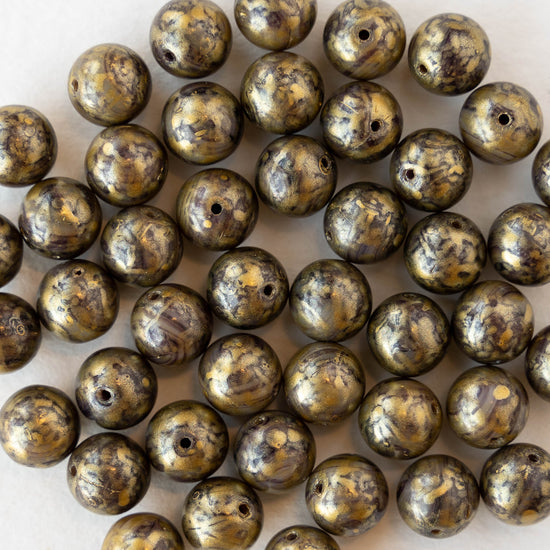 8mm Round Glass Beads - Opaque Black with Gold Dust - 20 beads