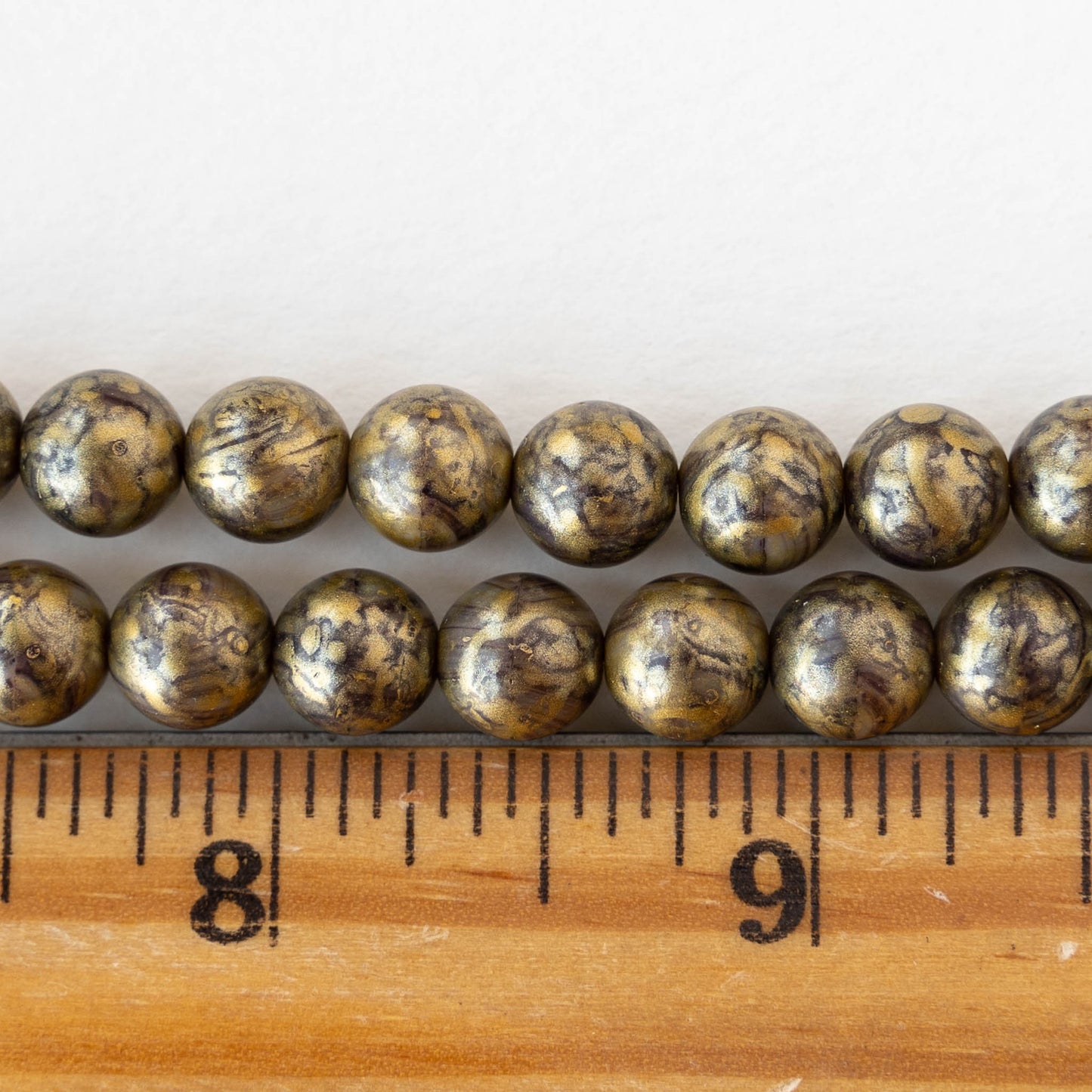 8mm Round Glass Beads - Opaque Black with Gold Dust - 20 beads