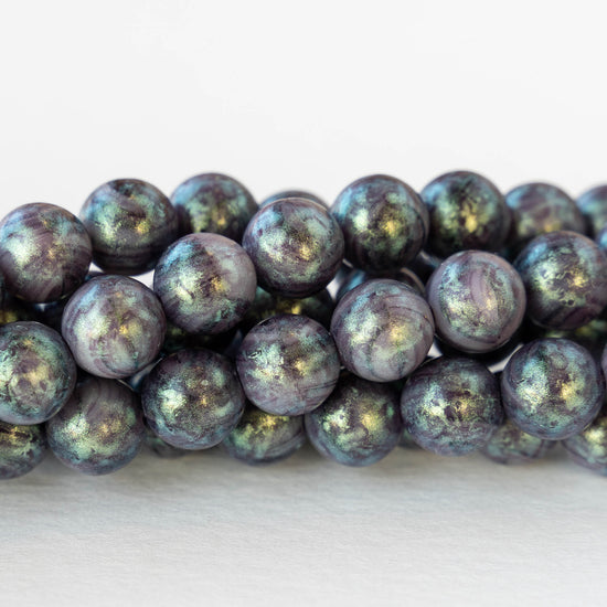 8mm Round Glass Beads - Opaque Purple and Black with Silver Shimmer - 20 beads