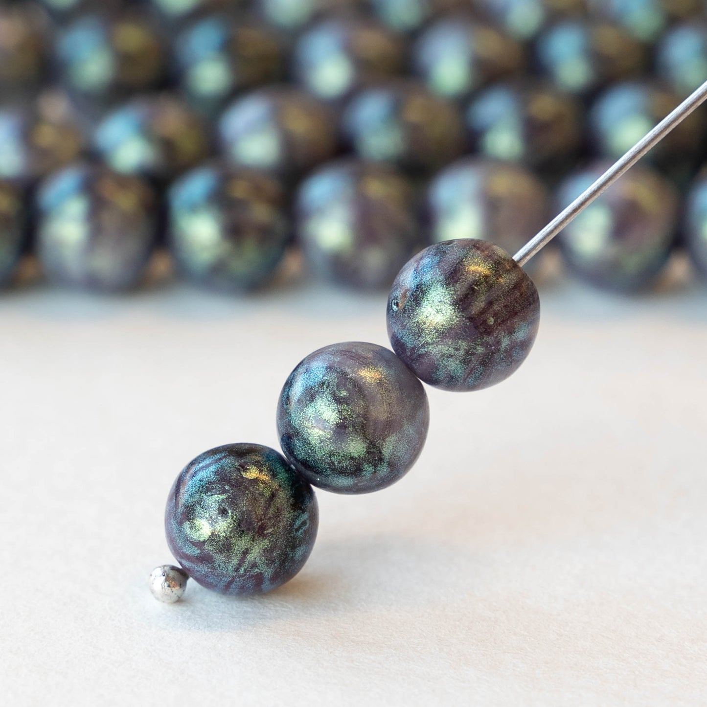 8mm Round Glass Beads - Opaque Purple and Black with Silver Shimmer - 20 beads