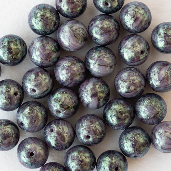 8mm Round Glass Beads - Opaque Purple and Black with Silver Shimmer - 20 beads