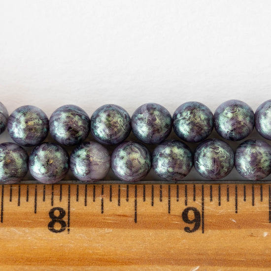 8mm Round Glass Beads - Opaque Purple and Black with Silver Shimmer - 20 beads