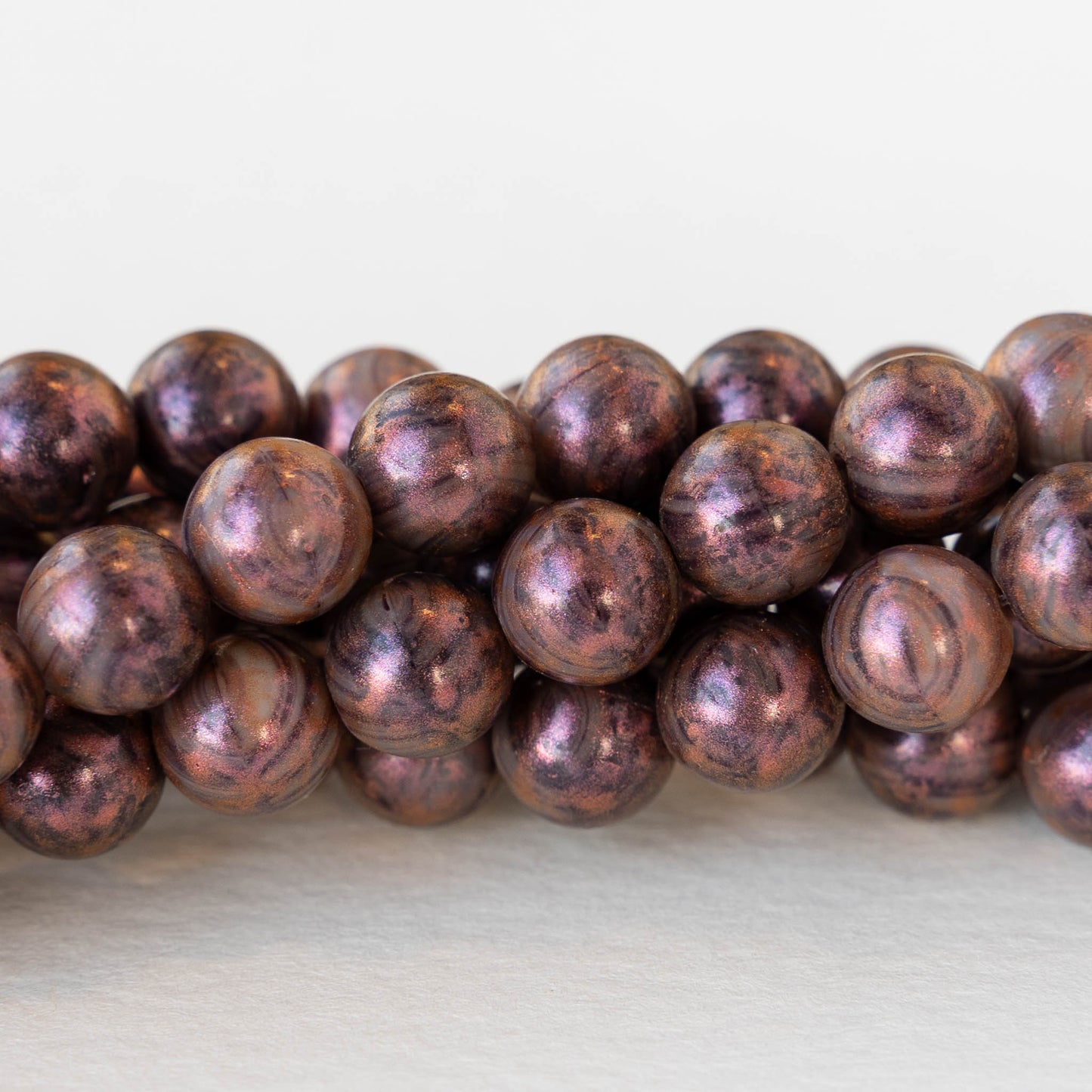 8mm Round Glass Beads - Purple and Black with a Metallic Pink - 20 beads