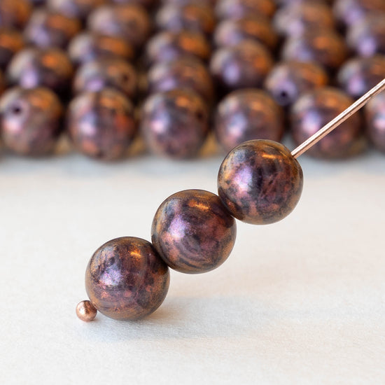 8mm Round Glass Beads - Purple and Black with a Metallic Pink - 20 beads