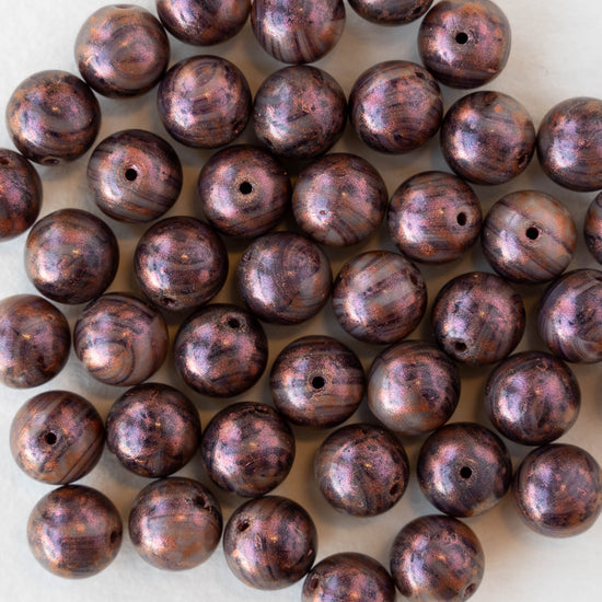 8mm Round Glass Beads - Purple and Black with a Metallic Pink - 20 beads