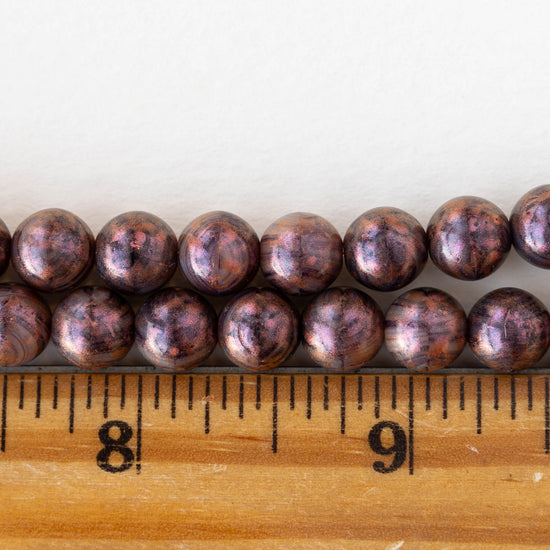 8mm Round Glass Beads - Purple and Black with a Metallic Pink - 20 beads