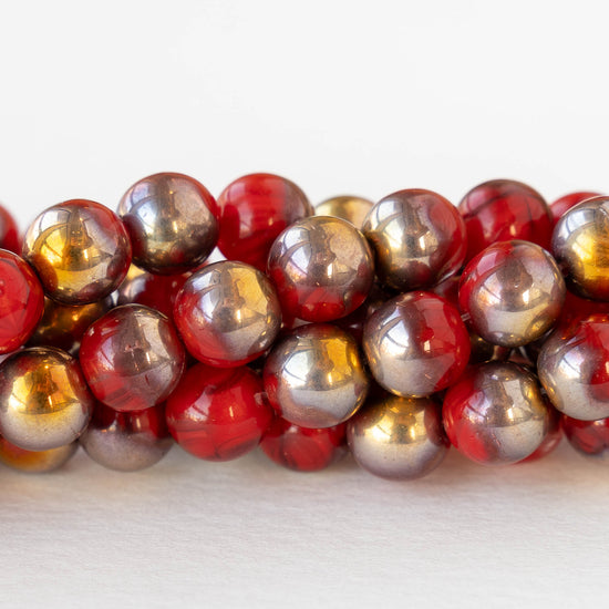 8mm Round Glass Beads - Marbled Red with Gold and Silver - 20 beads