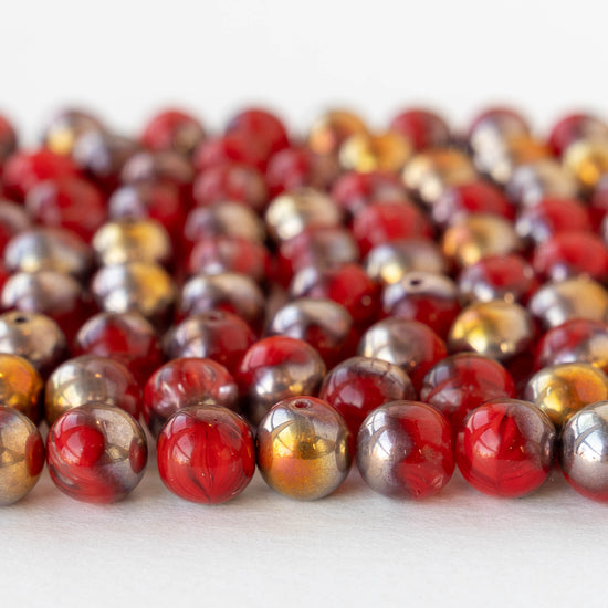 8mm Round Glass Beads - Marbled Red with Gold and Silver - 20 beads