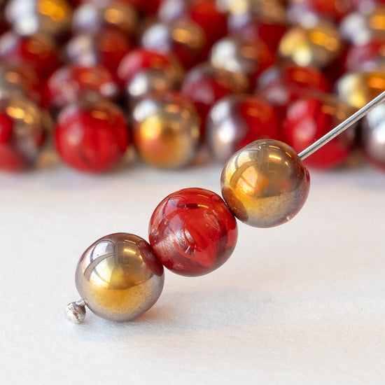 8mm Round Glass Beads - Marbled Red with Gold and Silver - 20 beads