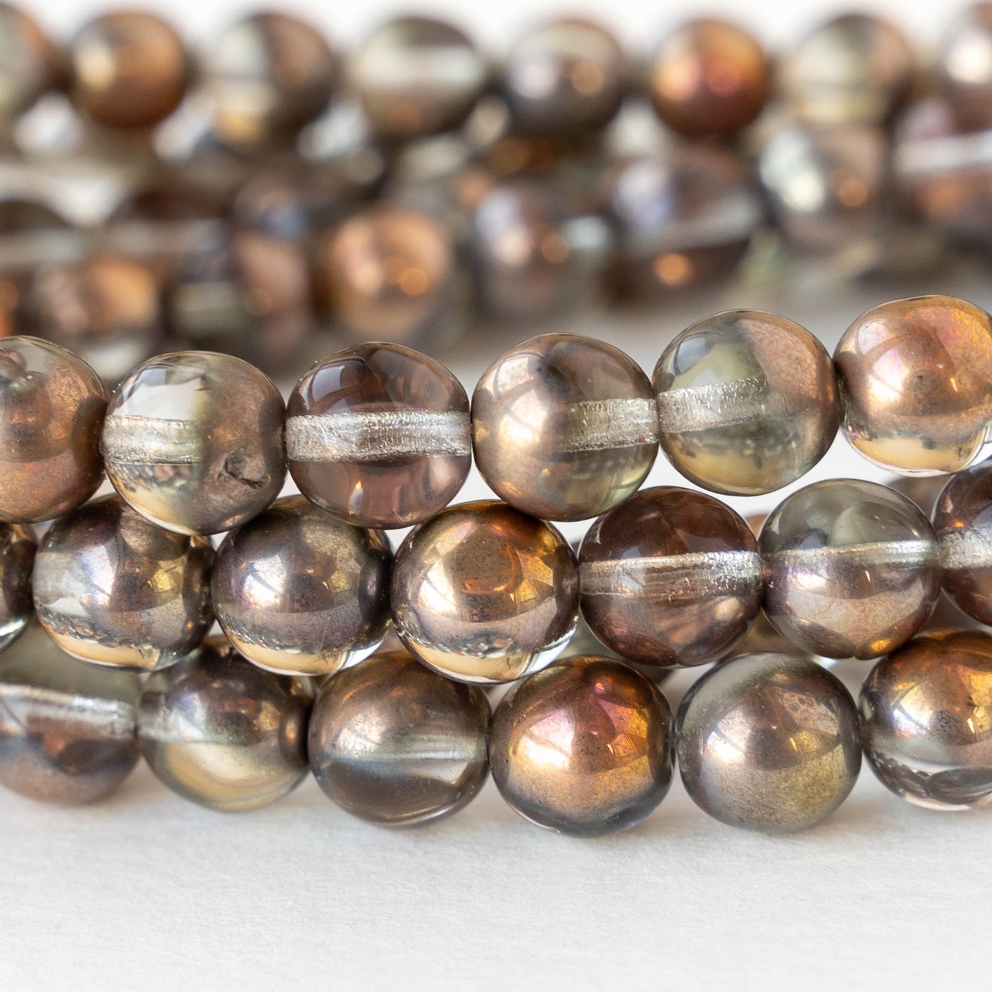 8mm Round Glass Beads - Transparent Crystal with Copper and Silver - 20 beads