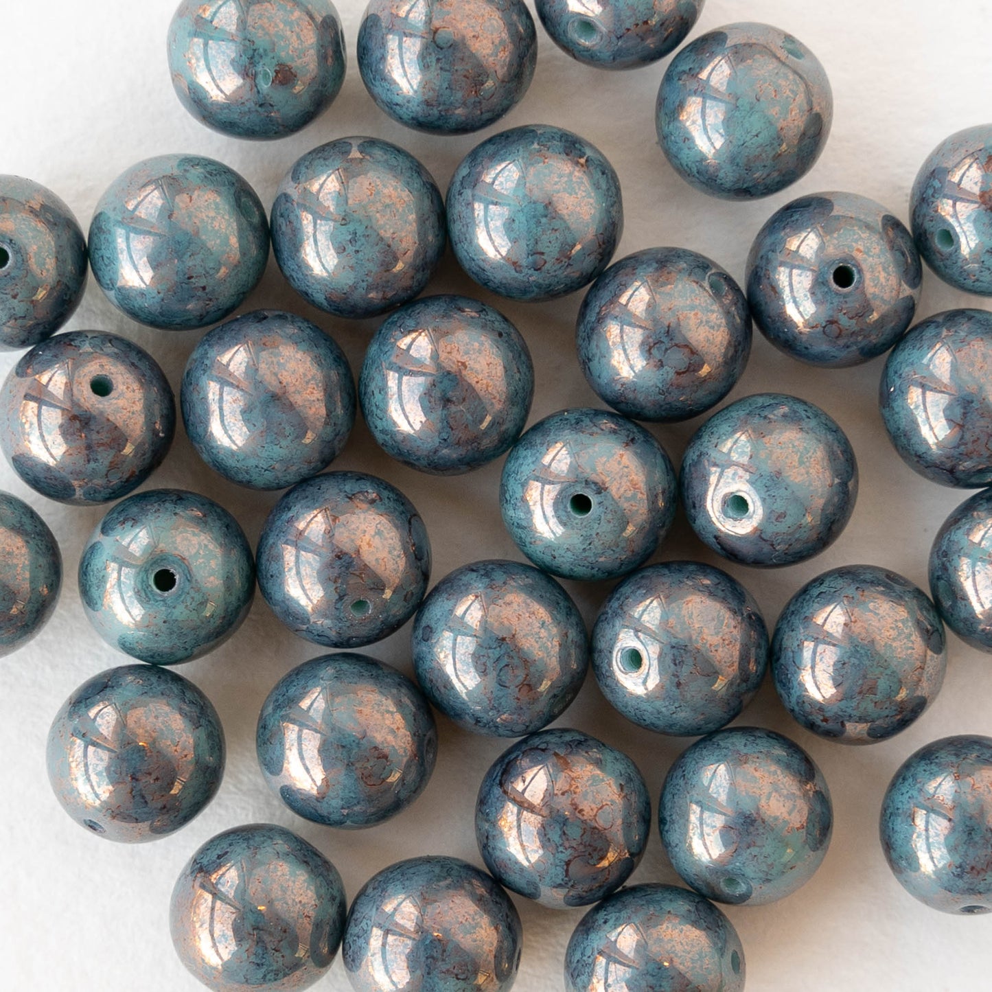 8mm Round Glass Beads - Opaque Turquoise Bronze Luster - 20 beads