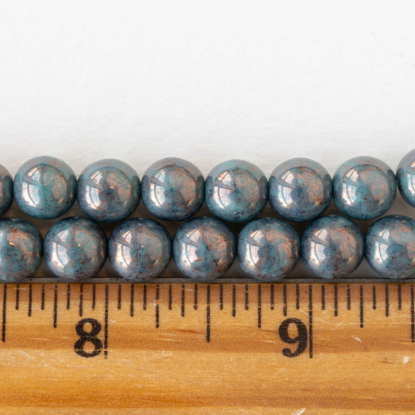 8mm Round Glass Beads - Opaque Turquoise Bronze Luster - 20 beads