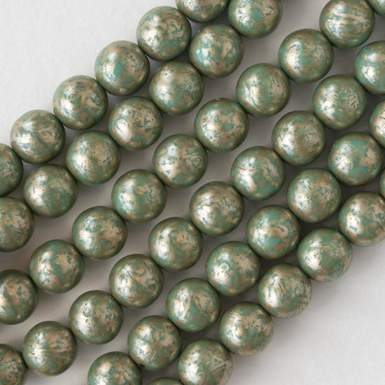 8mm Round Glass Beads - Turquoise with Gold - 25