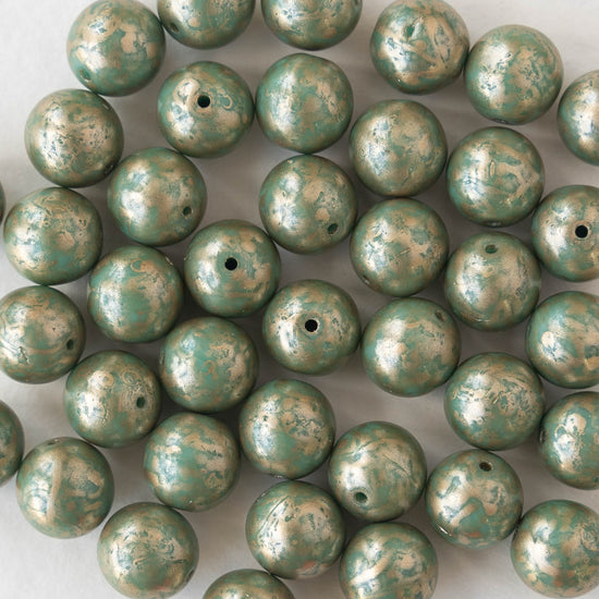 8mm Round Glass Beads - Turquoise with Gold - 25