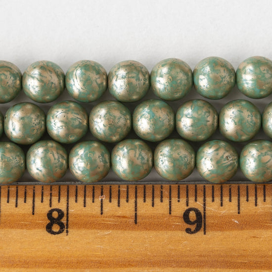 8mm Round Glass Beads - Turquoise with Gold - 25