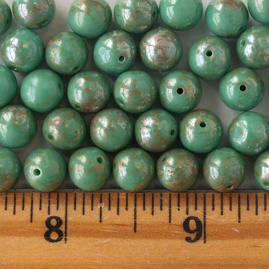 8mm Round Glass Beads - Opaque Turquoise Picasso - 20 Beads