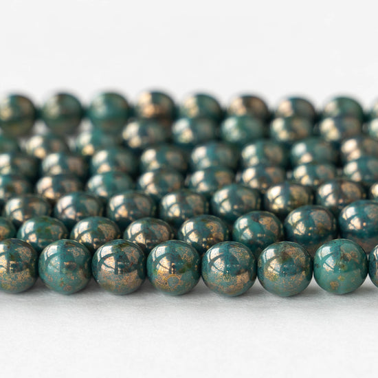 8mm Round Glass Beads - Turquoise Bronze Picasso - 25 Beads
