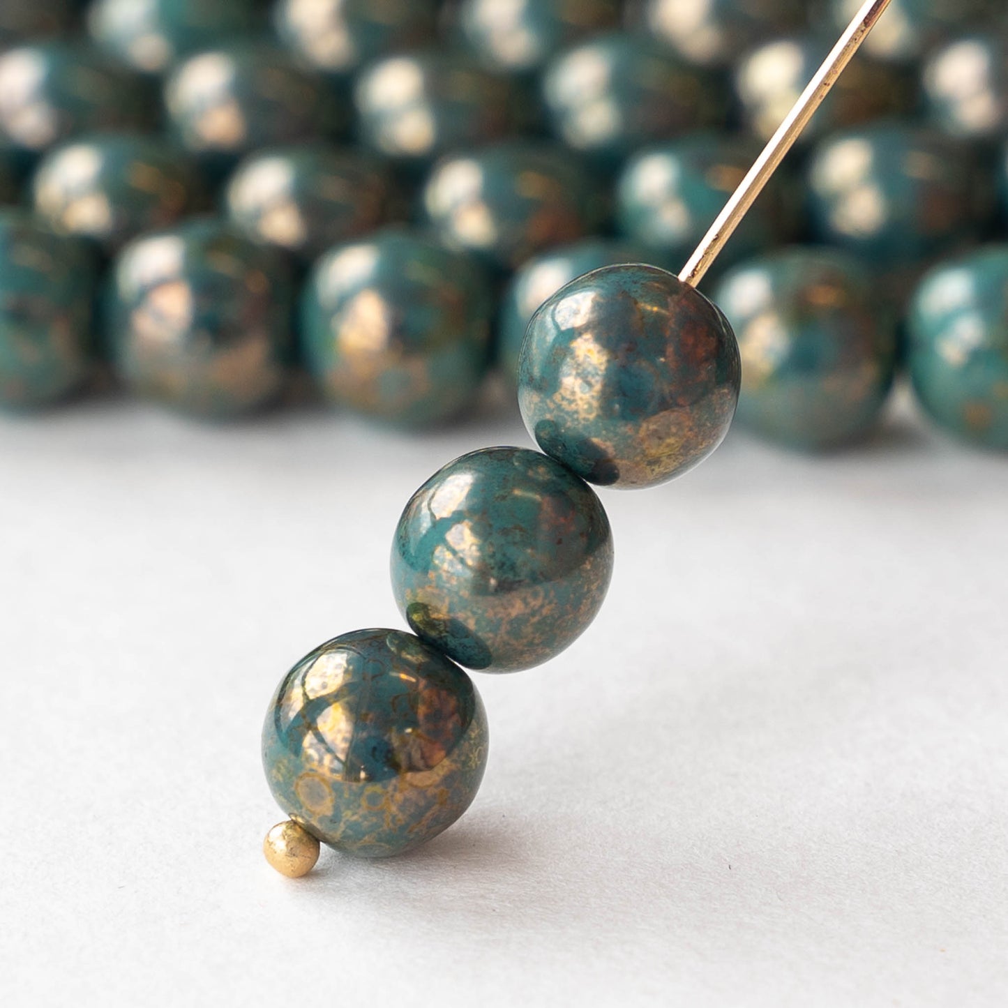 8mm Round Glass Beads - Turquoise Bronze Picasso - 25 Beads