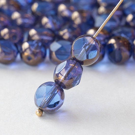 8mm Faceted Round Beads - Sapphire Blue with Bronze - 100 beads