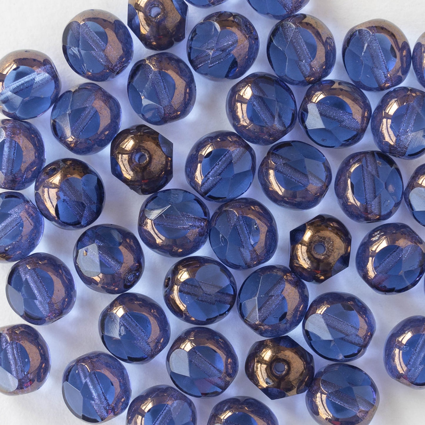 8mm Faceted Round Beads - Sapphire Blue with Bronze - 6 beads