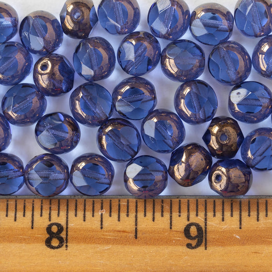 8mm Faceted Round Beads - Sapphire Blue with Bronze - 6 beads