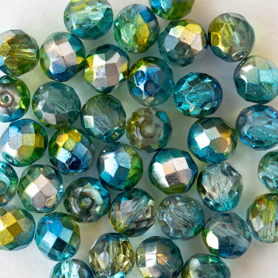 8mm Faceted Round Beads - Blue Green Silver - 20 beads