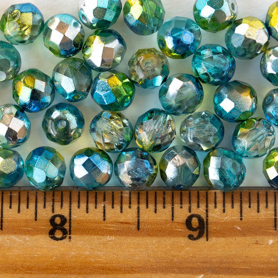 8mm Faceted Round Beads - Blue Green Silver - 20 beads