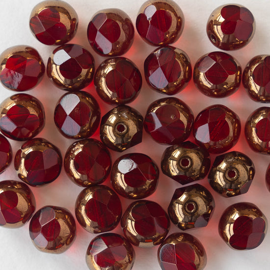 8mm Faceted Round Beads - Red with Bronze - 6 beads