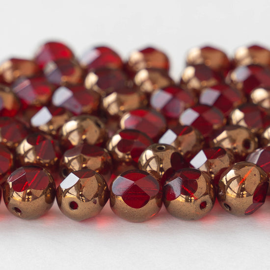 8mm Faceted Round Beads - Red with Bronze - 6 beads
