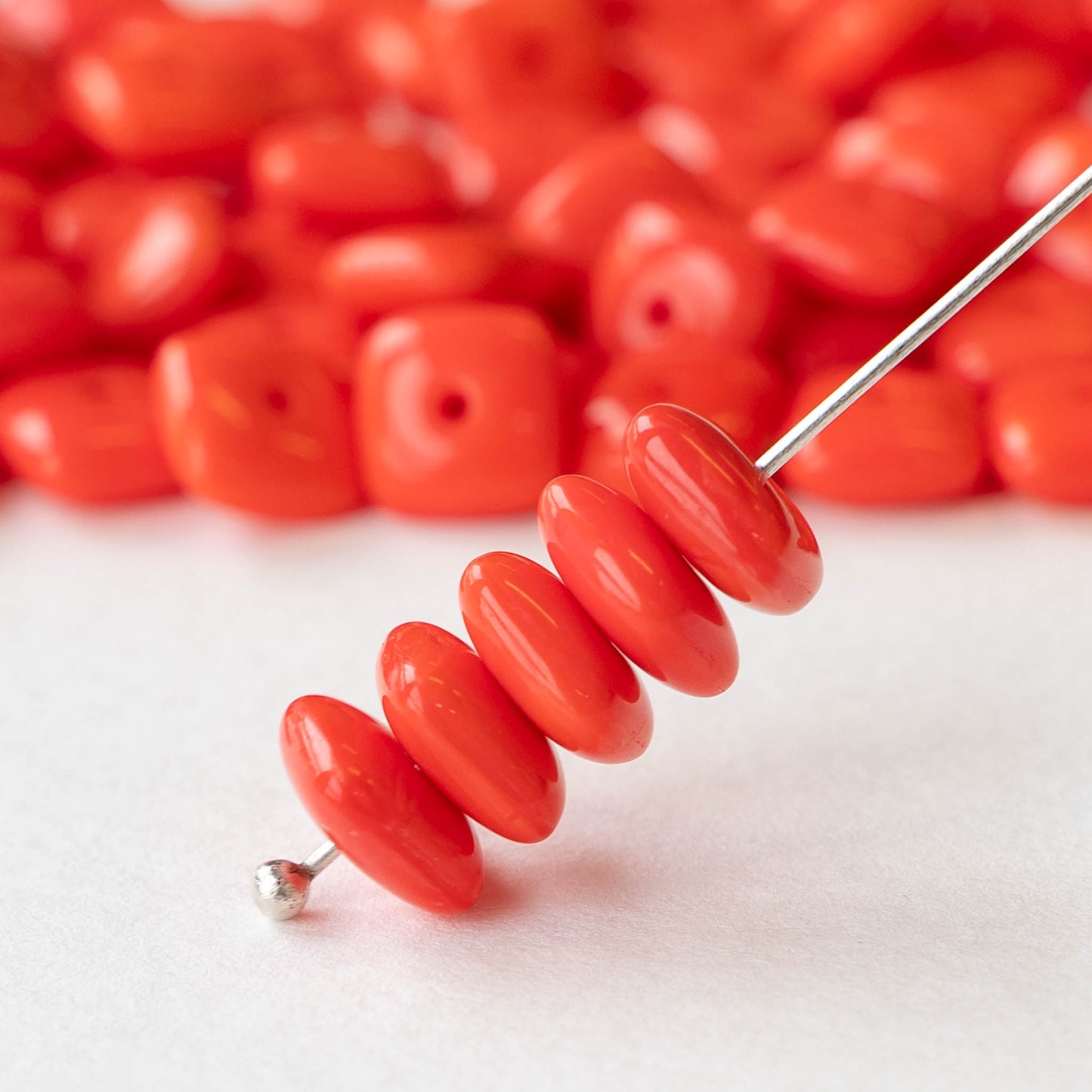 8mm Glass Tile Bead - Opaque Coral Red - 30 Beads