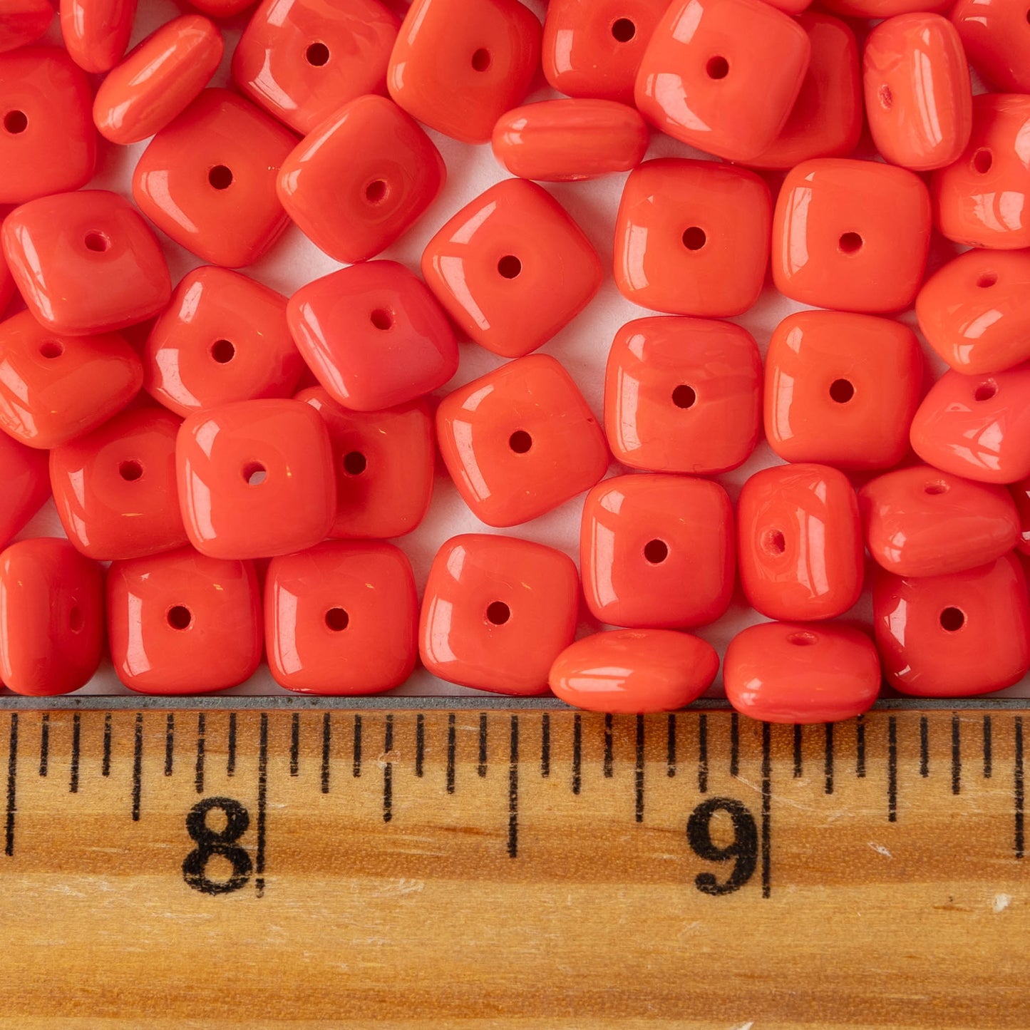 8mm Glass Tile Bead - Opaque Coral Red - 30 Beads