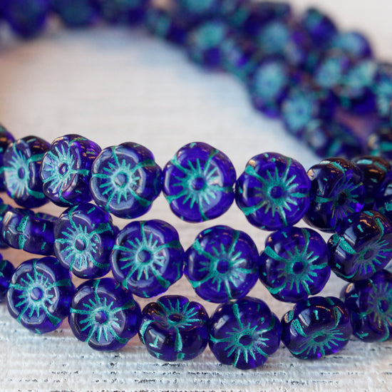 9mm Glass Flower Beads - Blue with Aqua Wash - 10 or 30 Beads