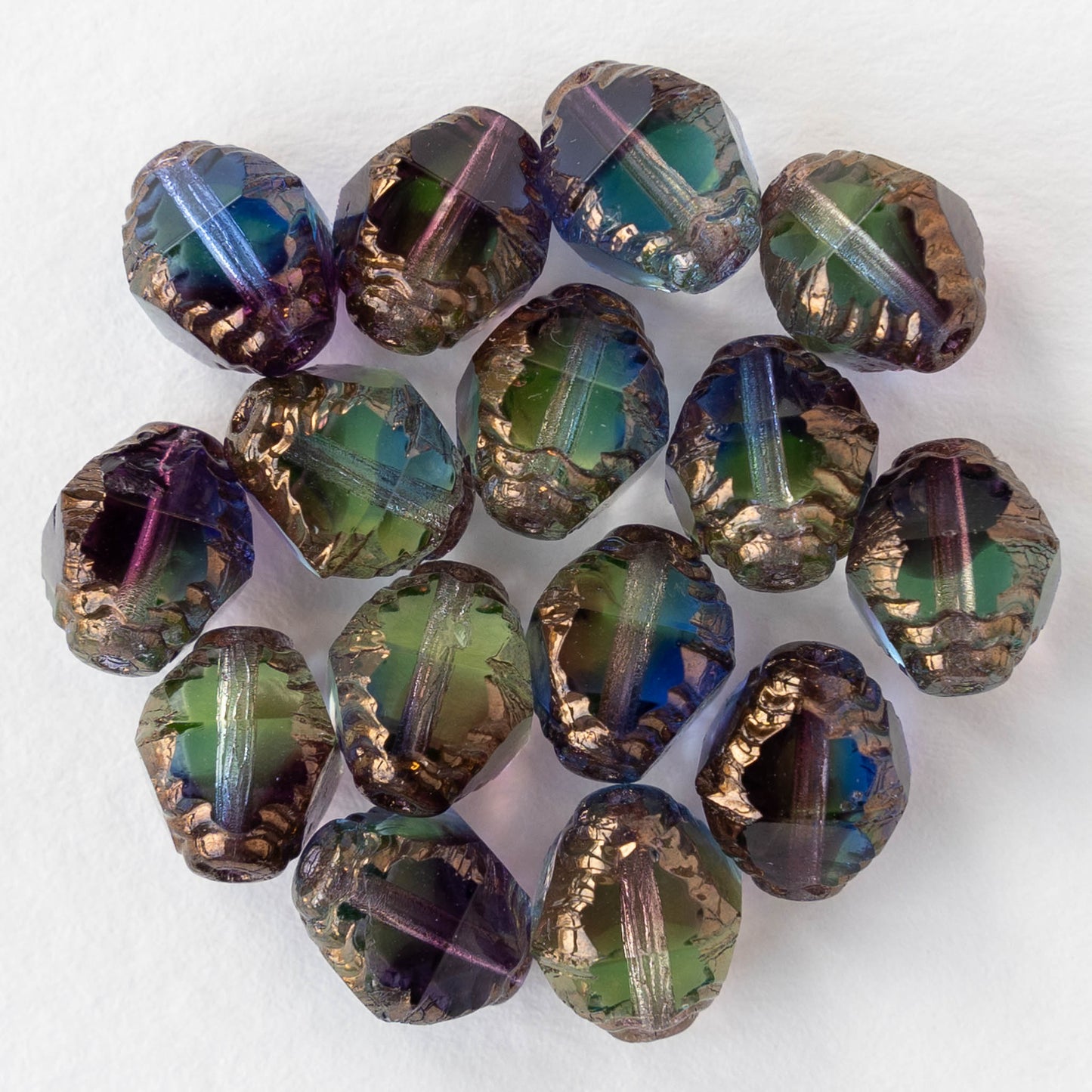 8x10mm Faceted Bicone - Transparent Blue, Purple and Green Bronze - 10 Beads