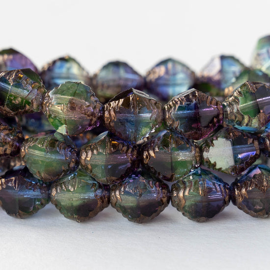 8x10mm Faceted Bicone - Transparent Blue, Purple and Green Bronze - 10 Beads