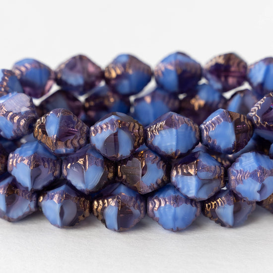 8x10mm Faceted Bicone - Opaque Blue Purple with Bronze - 10 Beads