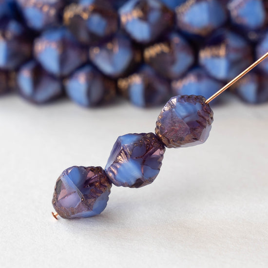 8x10mm Faceted Bicone - Opaque Blue Purple with Bronze - 10 Beads