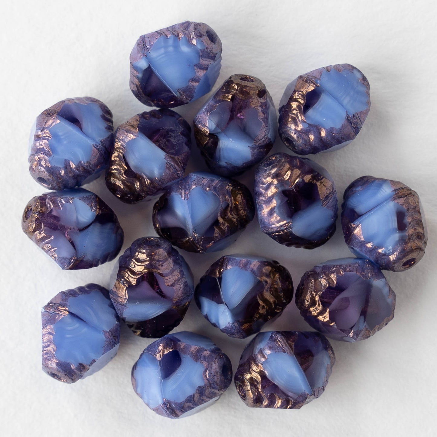 8x10mm Faceted Bicone - Opaque Blue Purple with Bronze - 10 Beads