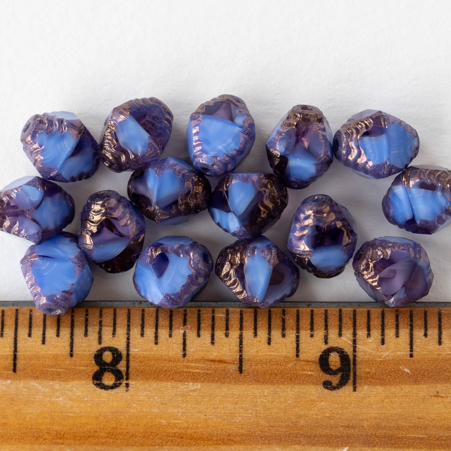 8x10mm Faceted Bicone - Opaque Blue Purple with Bronze - 10 Beads