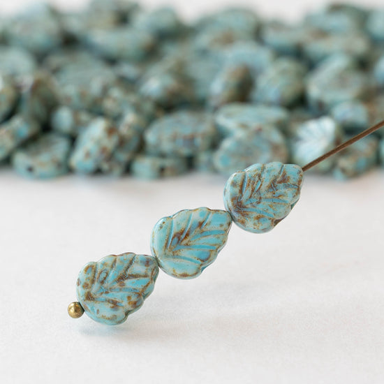 8x10mm Glass Leaf Beads - Blue Picasso - 10 or 20 Beads