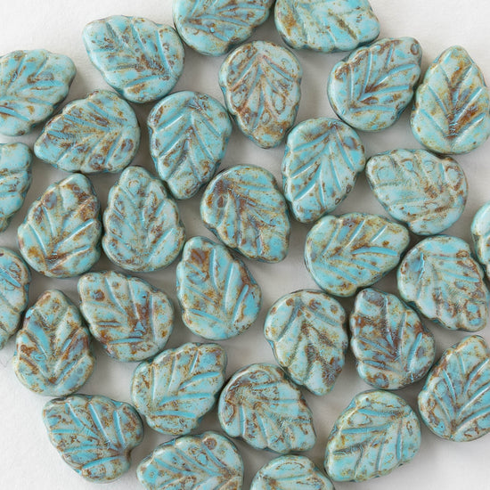 8x10mm Glass Leaf Beads - Blue Picasso - 10 or 20 Beads