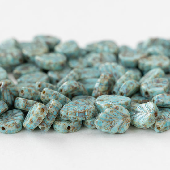 8x10mm Glass Leaf Beads - Blue Picasso - 10 or 20 Beads