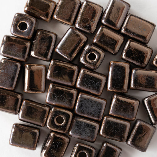 8x10mm Glazed Ceramic Rectangle Cube Beads - Bronze - 10 or 30 beads